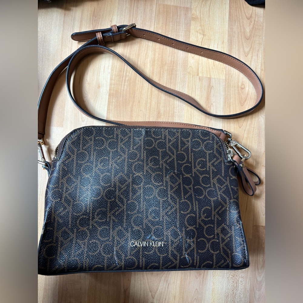 Calvin Klein Dark Brown Logo Crossbody with Tan Strap